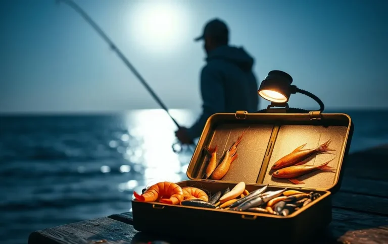 أفضل طعم لصيد السمك ليلا : أفضل طعم لصيد السمك ليلا مع روبيان وحبار وسردين بجانب صنارة صيد على الشاطئ في الليل