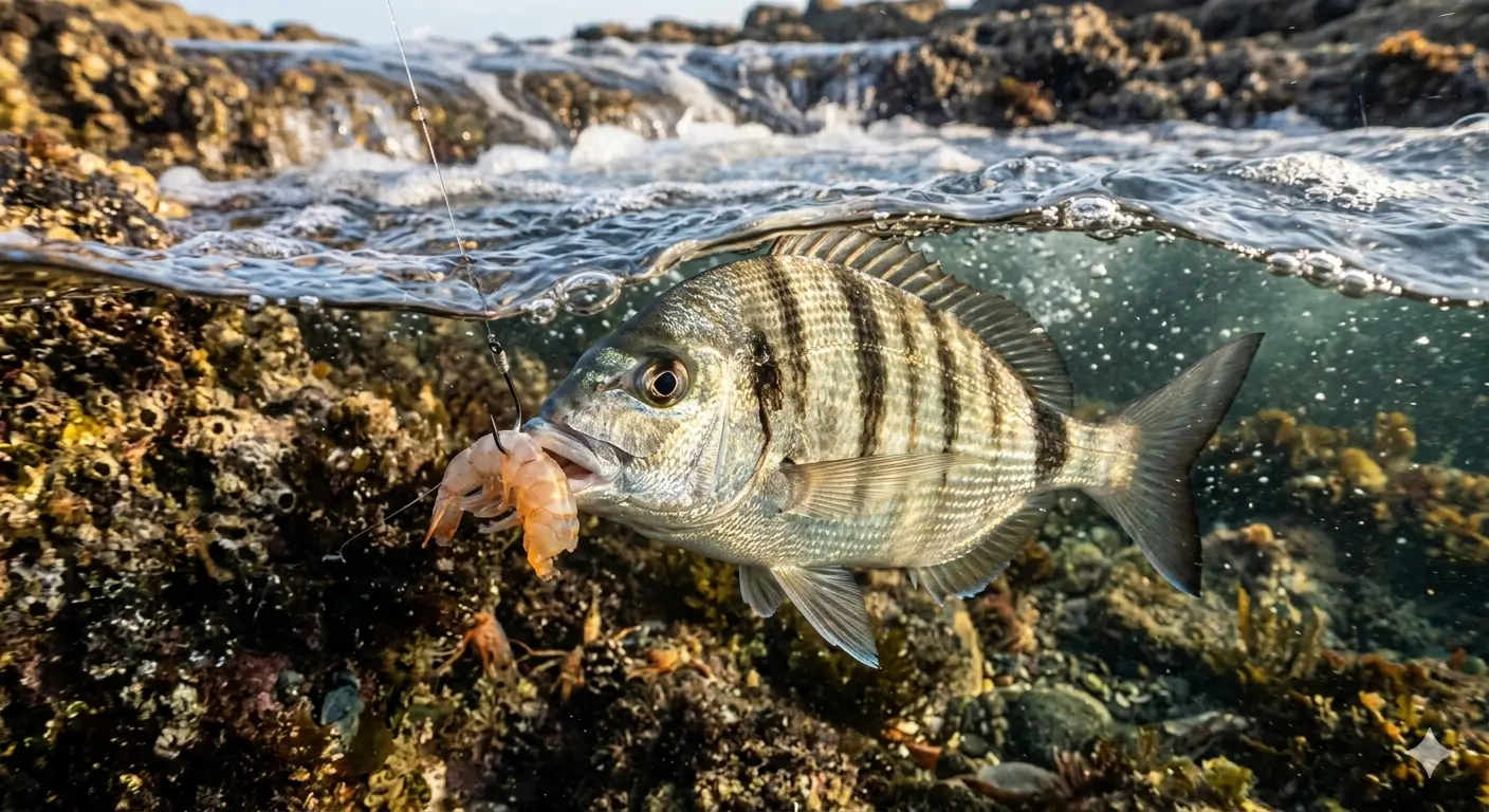 لقطة قريبة underwater لسمكة شرغو (Sargus) لامعة وواضحة الخطوط السوداء تلتقط قطعة قمرون (جمبري) من صنارة صيد عند الغروب، أفضل طعم لصيد الشرغو في الصيف والشتاء.